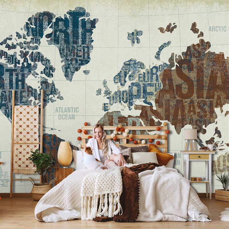 Large illustration Contemporary Mural Wallpaper for Living Room with Brown and Blue World Map