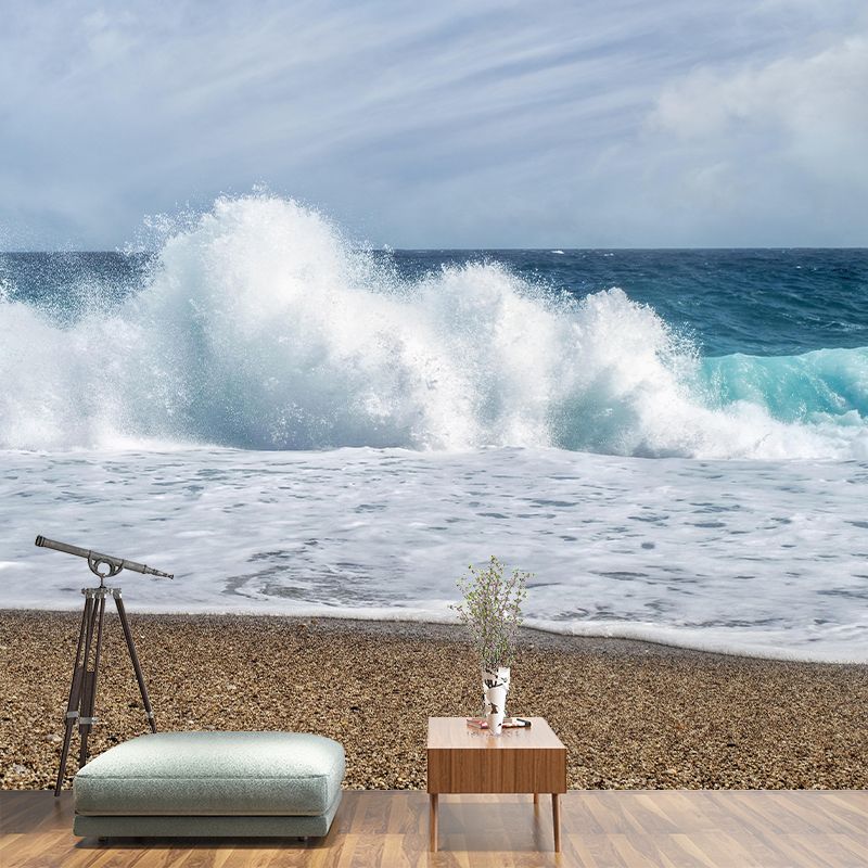 Photography Sea Mural Wallpaper for Sitting Room Wall Covering in Soft Color