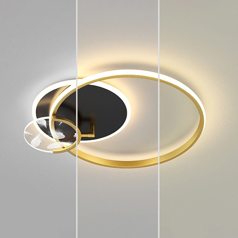 Modern Romantic Feather LED Ceiling Fixture Wrought Iron Geometric Semi Flush Mount for Living Room