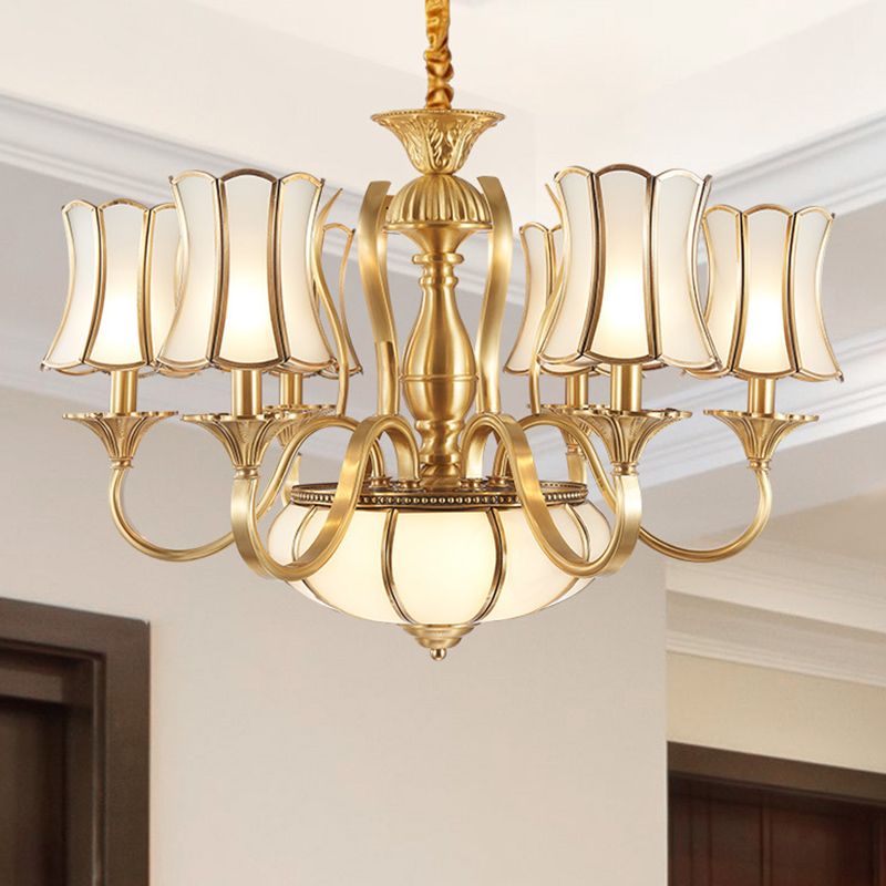 6 Heads Chandelier Lighting Colony Sputnik Metal Suspended Lighting in Gold with Scallope Frosted White Glass Shade