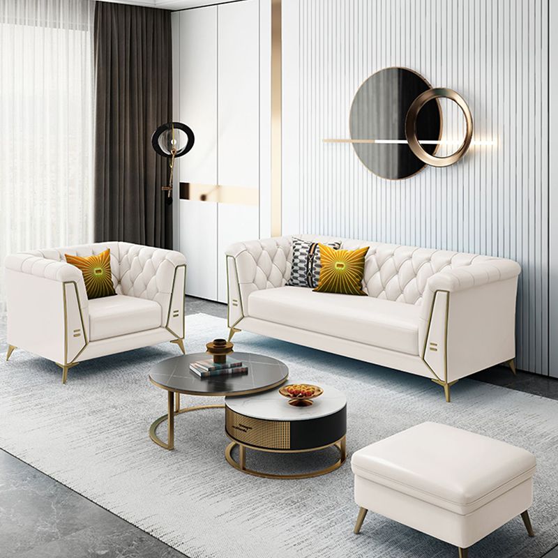 Contemporary Tufted Back Sofa with Faux Leather Flared Arm for Apartment