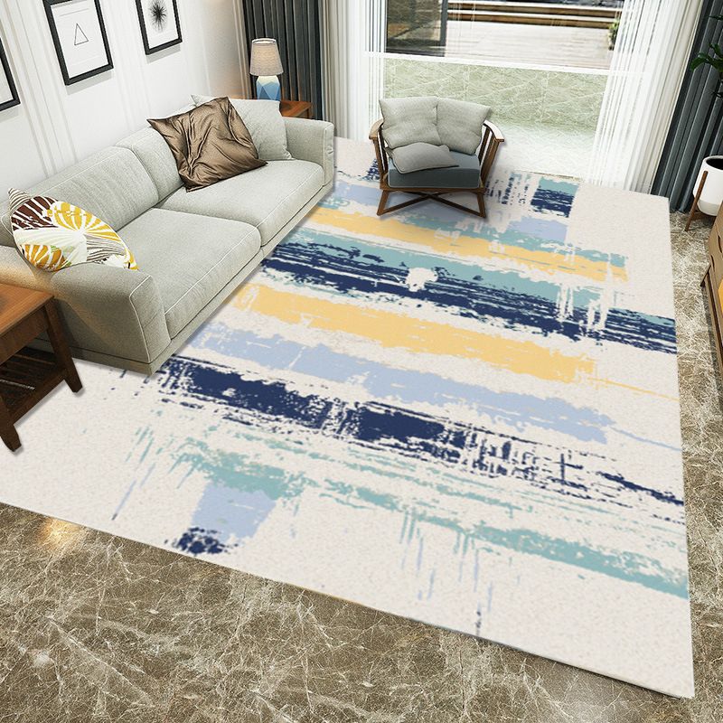 Casual Brushstroke Pattern Rug White Multicolor Contemporary Rug Polyester Machine Washable Non-Slip Backing Area Rug for Bedroom