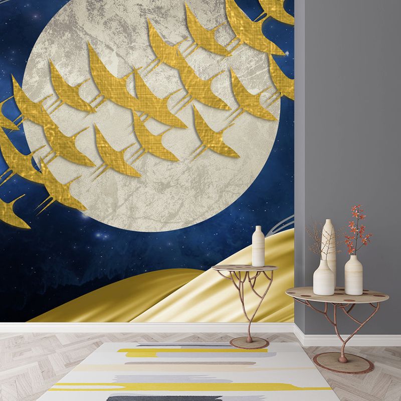 Personalized Illustration Artistry Mural with Flock of Birds Fly Across Full Moon in Yellow-Blue