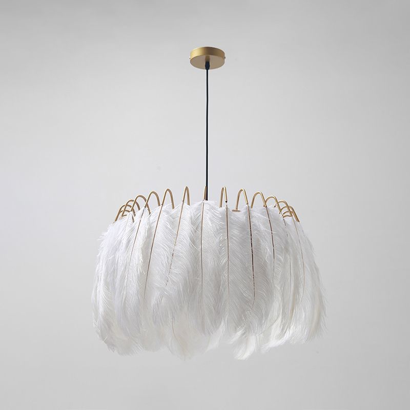 White Circle Suspension Lighting Nordic Single-Bulb Feather Pendant Light for Bedroom