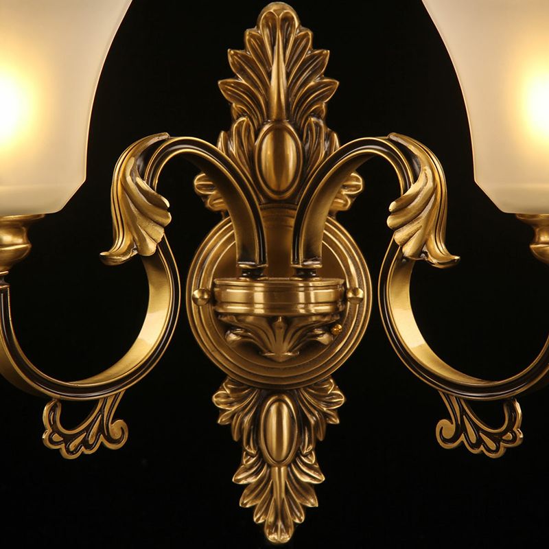 Bronze Curved Arm Wall Lamp Traditional Metal 2-Bulb Living Room Sconce Light with Bell White Glass Shade