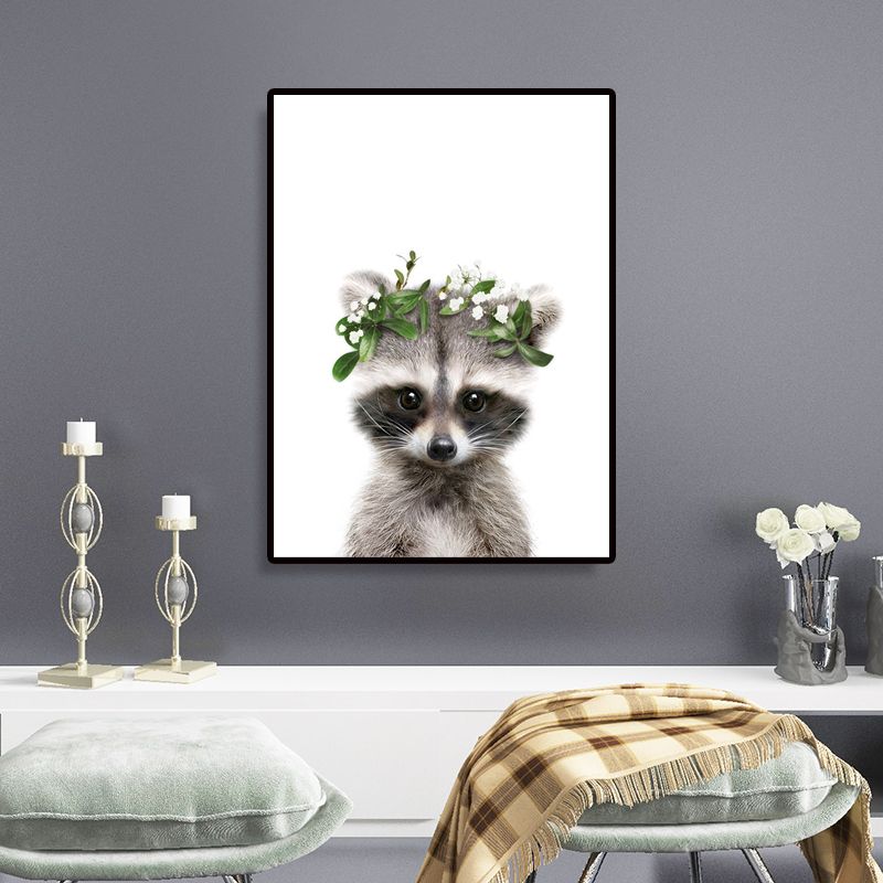 Animal with Wreath Art Print Modernism Textured Bedroom Wall Decor in Grey-White