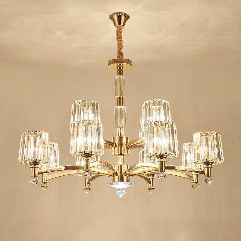 Cylindrical Living Room Chandelier Clear Crystal Modernism Hanging Light in Brass