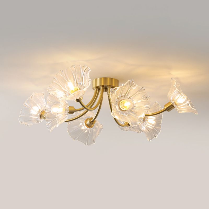 Flower Shape Glass Flush Mount Light Modern Multi Lights Ceiling Mount Light in Brass