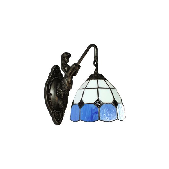1 Head Wall Mount Light Tiffany Grid Patterned White and Blue Glass Sconce Light Fixture