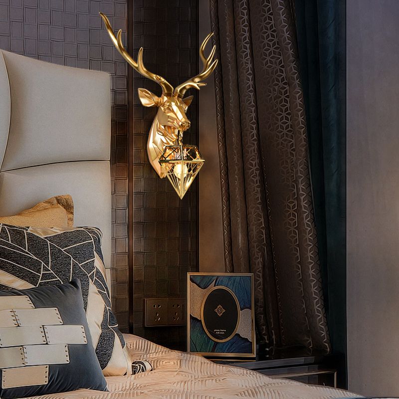 Lodge Stylish Deer Wall Mount Light Resin 1 Head Living Room Wall Light Fixture with Diamond Shade, 14.5"/19.5" W