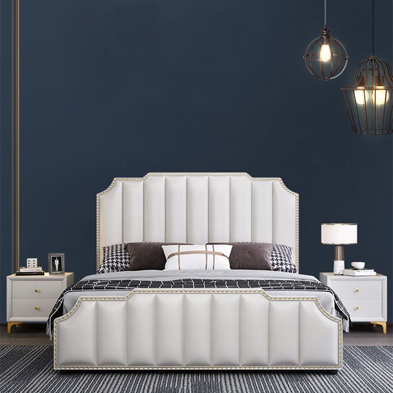 Luxurious Leather Bed Beige Upholstered Bed Frame with Nailhead Trim