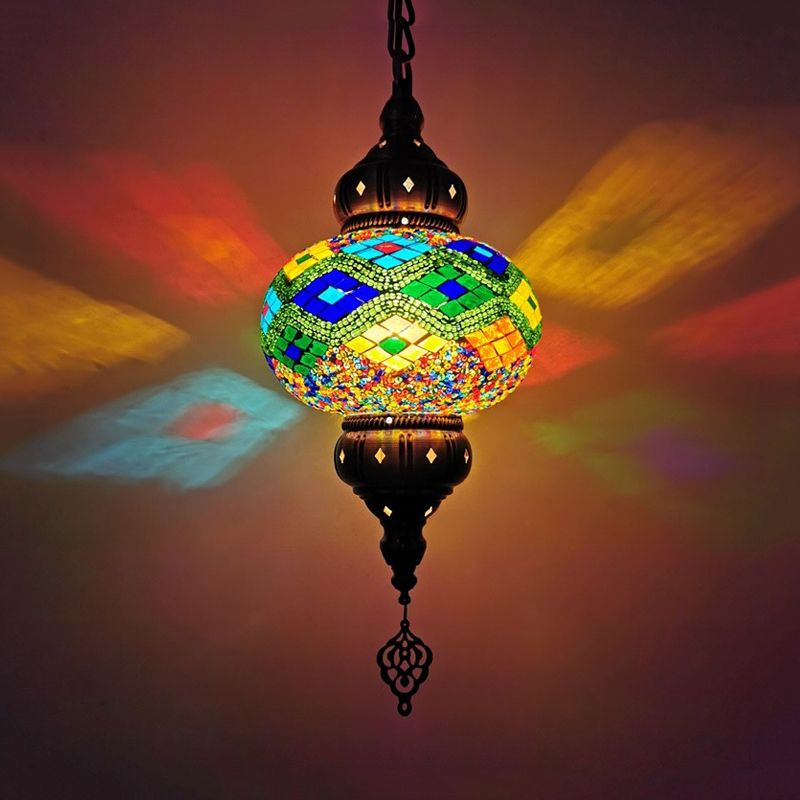 1 Head Cut Glass Ceiling Pendant Light Traditional Beige/Yellow/Blue Oval Dining Room Hanging Light Fixture