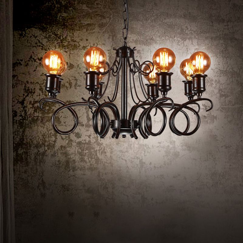 Metal Black Hanging Chandelier Swirled Arm 8-Bulb Traditional Suspension Light for Living Room