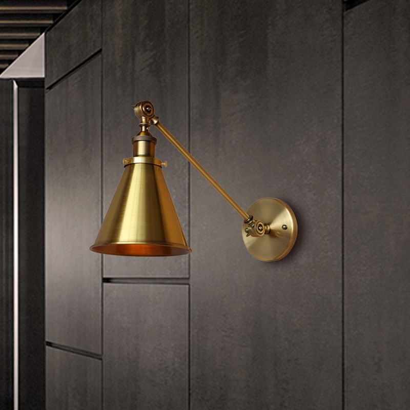 1 Light Wall Sconce Light with Tapered Shade Metallic Vintage Indoor Wall Lighting in Brass, 8"/12" Dia
