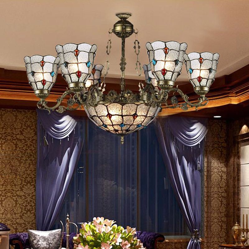 Verre en verre givré Strolling bras pendant lustre Tiffany Style 9/12 Lumières Bronze Hanging Lamp Kit pour le salon