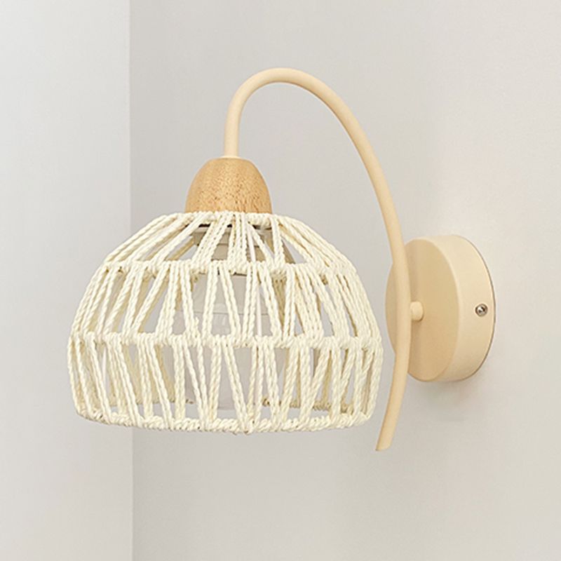 Single Light Wood Wall Sconce Rattan Dome Shade Wall Lighting in White