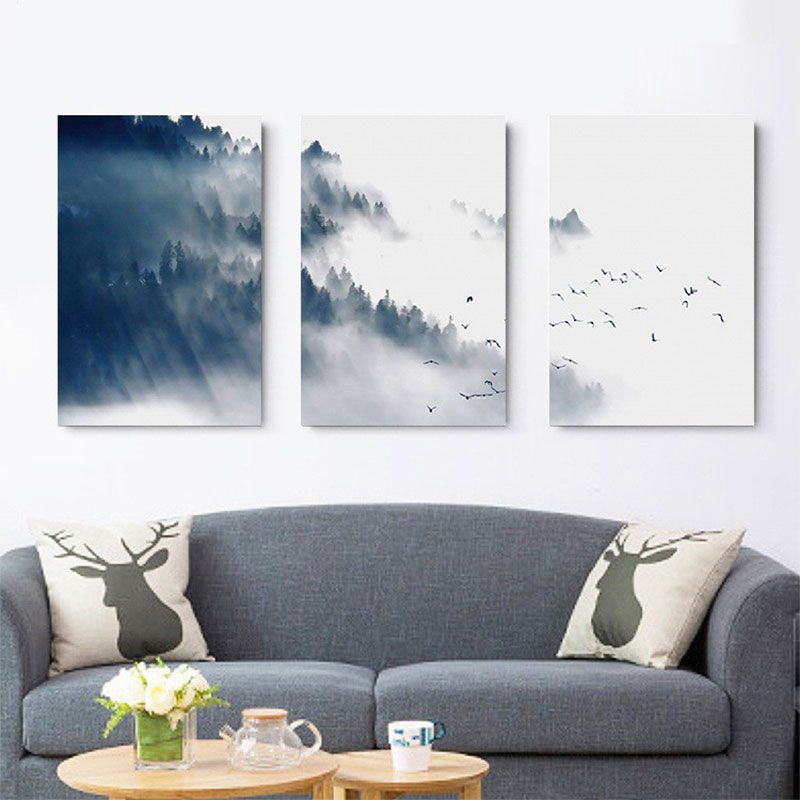 Asian Style Canvas Wall Art Black Bird Flock and Misty Forest Painting for Living Room