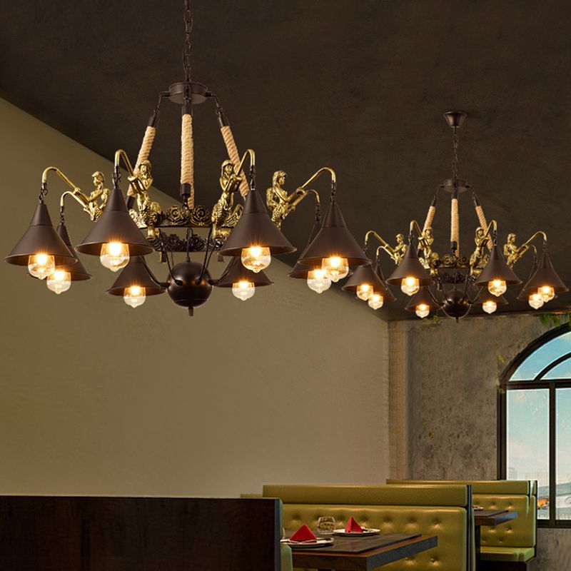 Lámpara de suspensión de metal de araña de colgante cónico de granja con brazo de sirena en negro para sala de estar