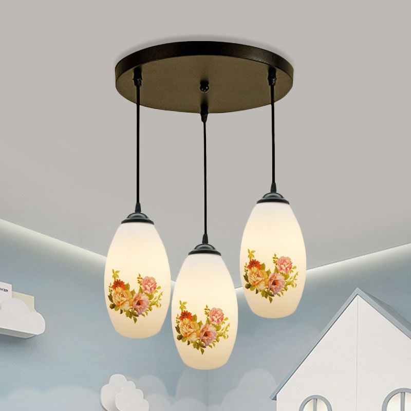 Minimalism Oval Multi Lamp Pendant 3 Heads White Frosted Glass Suspension Light in Black with Linear/Round Canopy