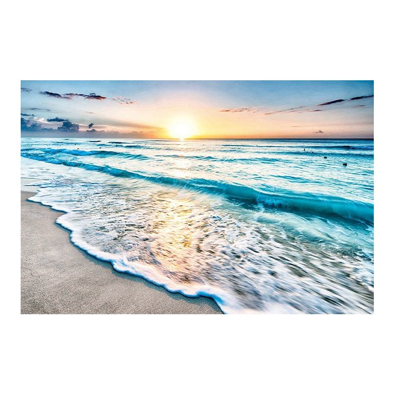 Sunset Beach Wave Scene Art Print in Blue Canvas Wall Decoration, Textured Surface