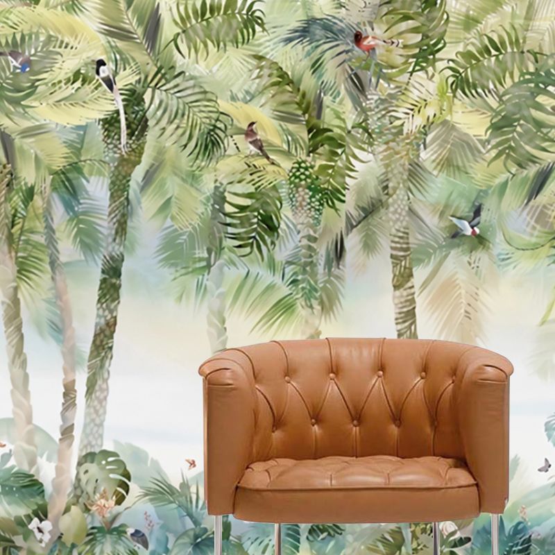 Non-Woven Fabric Big Wall Decor Morandi Green Palm Tree and Forest Mural Wallpaper, Personalized Sized Available