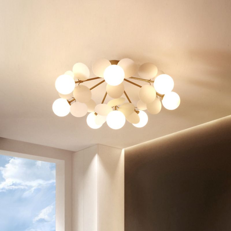 Flower Branch Metal Semi Flush Ceiling Light in Modern Simplicity Sputnik Indoor Flush Mount with Circular Opal Glass Shade