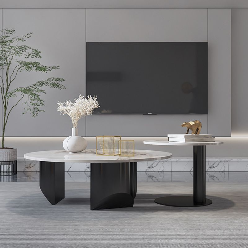 Contemporary Round Coffee or End Table Iron and Stone Coffee Table in Black and White