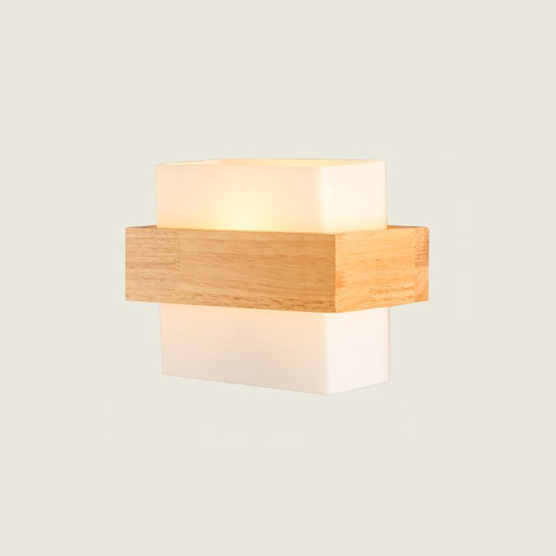 White Glass Rectangle Sconce Lighting Modern Single-Bulb Wall Light Fixture with Wooden Decor