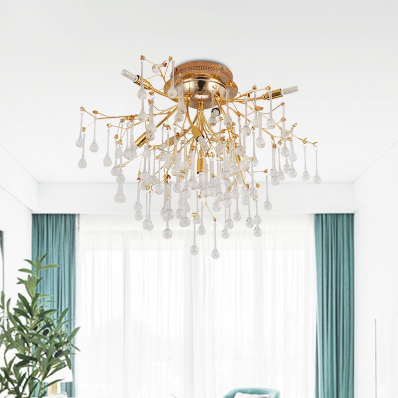 Cascade Bedroom Semi Flush Light Traditional Crystal Drip 10-Head Gold Ceiling Mount Lamp