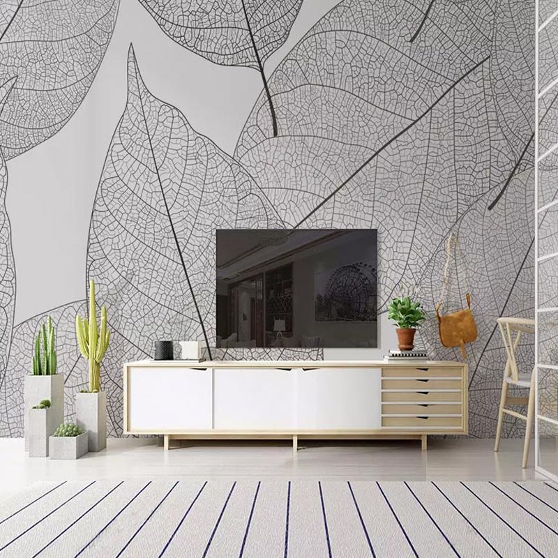 Contemporary Leaf Texture Mural Wallpaper in Grey Living Room Wall Art, Personalized Size Available
