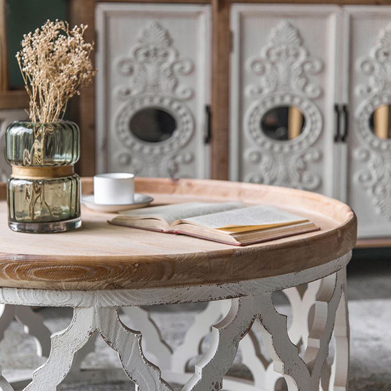 Rustic Drum Side Table Solid Wood Sofa Side Accent Table in Distressed White