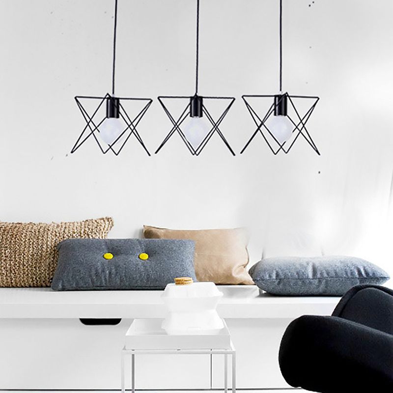 3 Lampen -Eisen -Suspension leichte antike schwarze geometrische Käfig Wohnzimmer Multi -Deckenlampe