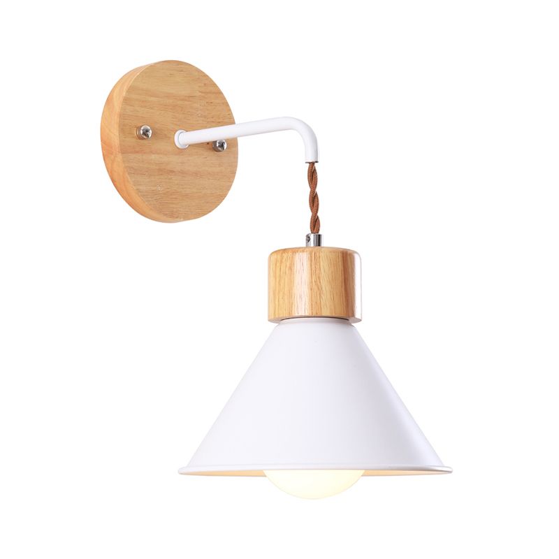Cone Shade Metallic Wall Sconce Nordic Stylish 1 Light Blue/Pink/White Wall Mount Light with Wooden Cap