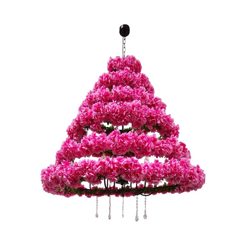 Vintage Conical Chandelier Lamp 5 Bulbs Metal Ceiling Pendant Light in Pink/Rose Red with Cherry Blossom Decor