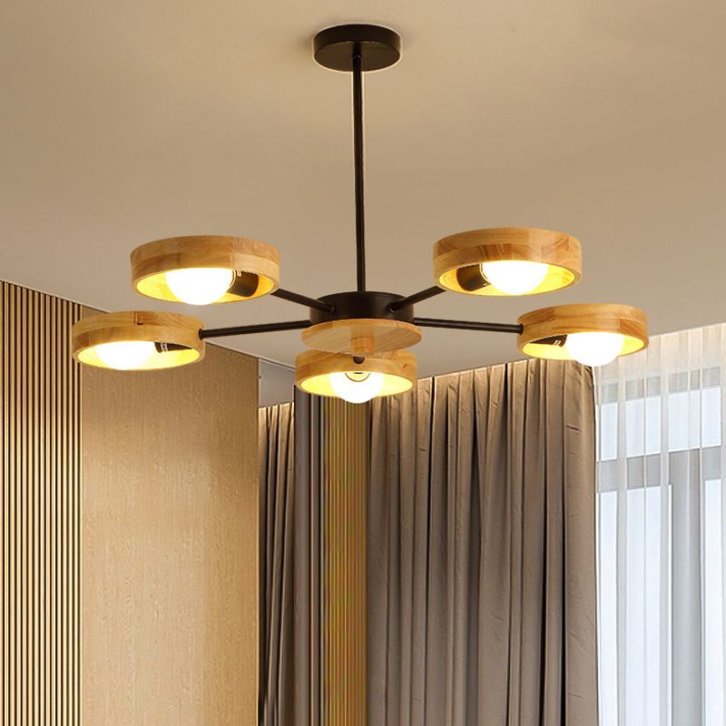 Nordic Living Room Hanging Lamp Rubberwood Sputnik Shaped Chandelier