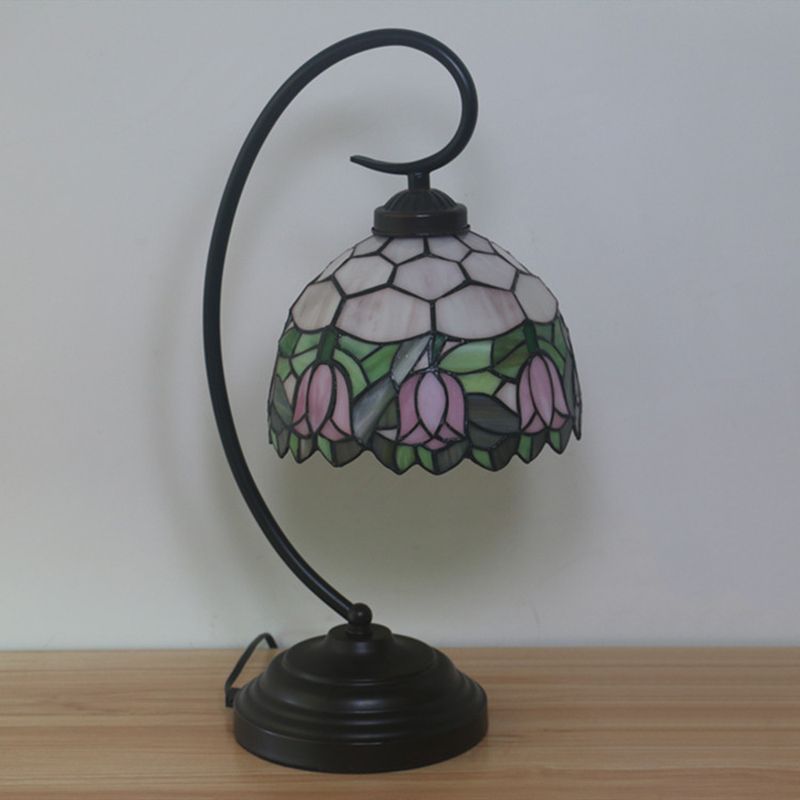 Bronze Curvy Night Light Baroque 1 Head Metal Red/Pink Rose/Tulip Patterned Desk Lighting with Bowl Cut Glass Shade