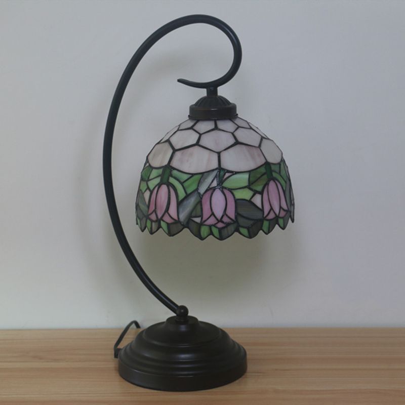 Bronze Curvy Night Light baroque 1 tête métal métal rouge / rose rose / tulipe Éclairage de bureau à motifs avec un bol teinte en verre coupé