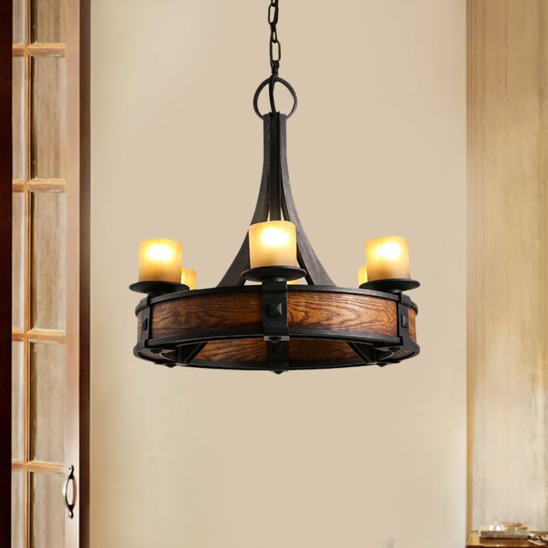Zwarte buis kroonluchter lamp traditionele beige glas 6 lichten eetkamer hangend licht armatuur met ronde houten ontwerp