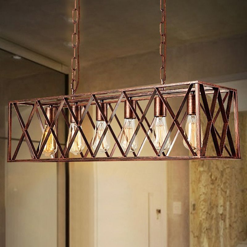 Cross Framed Box Dining Room Island Light Fixture Industrial Metal 6 Lights Rust Hanging Lamp Kit