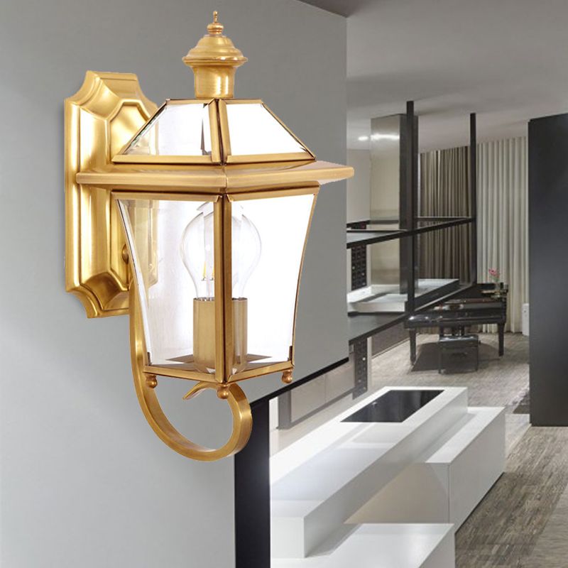 Curved Arm Sconce Light Traditionary Clear/Textured Glass 1 Bulb Wall Mounted Lamp for Balcony