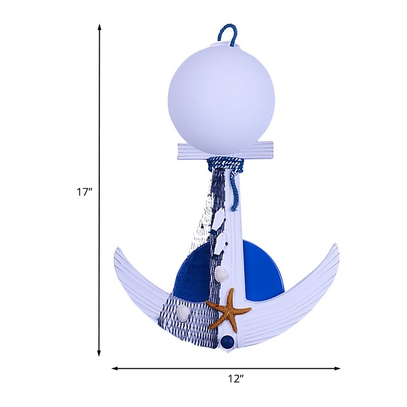 Anchor Splante Ligero de lámpara para niños Iluminación de pared blue blue blanca individual con sombra de vidrio glóbulo y detalle de playa