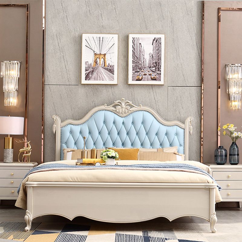84.65 inch Wide Victorian Standard Bed Rubberwood Bed Frame with Upholstered Headboard
