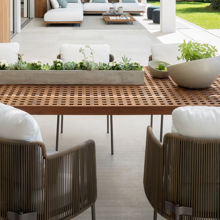 Boho Patio Dining Table Set 1/7/9 Pcs Teak Wood Dining Table with Upholstered Chair