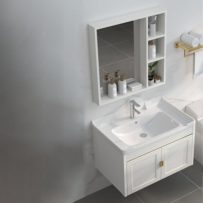 Single Sink Vanity Set Mirror Wall Mount Metal Frame Rectangle Bath Vanity with 2 Doors