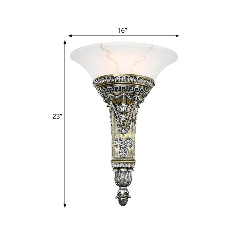 1 Light Wall Sconce Fixture with Flared White Glass Modern Style Living Room Wall Mount Light in Aged Silver