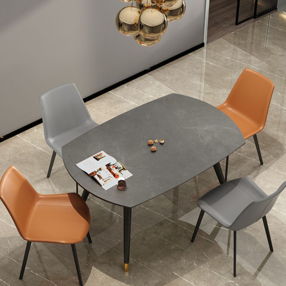 Round Extendable Dining Table Modern Stone Tabletop with Solid Wood Legs
