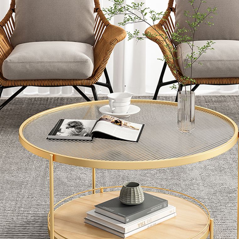 Round Glass Top Coffee Table 17.7" H Iron 3 Legs Cocktail Table with Shelf