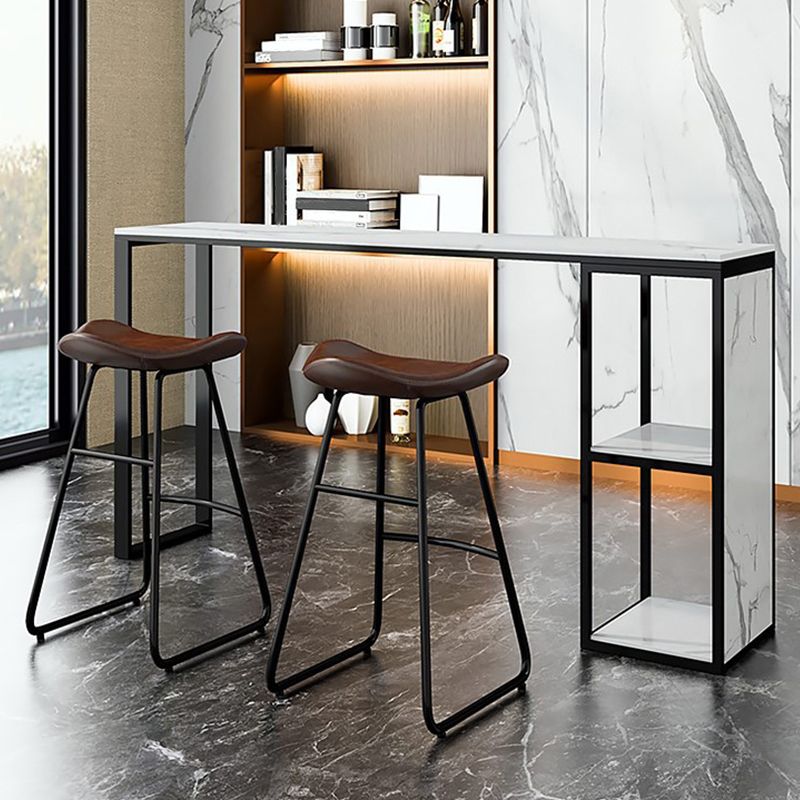 Glam Rectangle Bar Table Faux Marble Double Pedestal Table with Storage