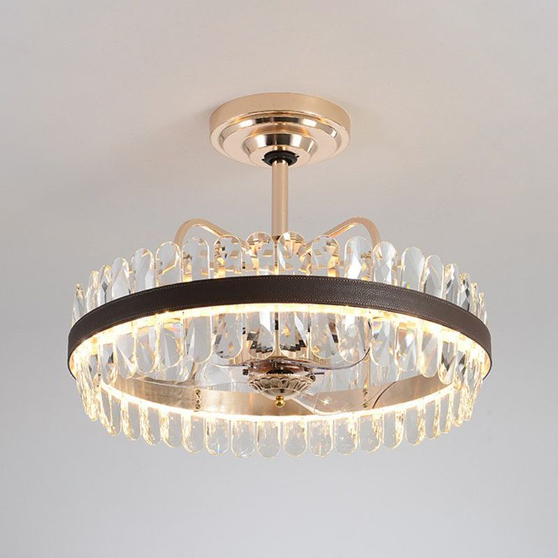 3-Blade Crystal Light Gold Pendant Fan Light Circle 31.5" Wide 8 Bulbs Traditional Semi-Flush Mount