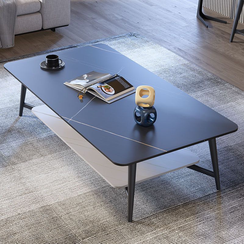 4 Legs 1 Single Coffee Table Rectangular Slate Cocktail Table with Shelf